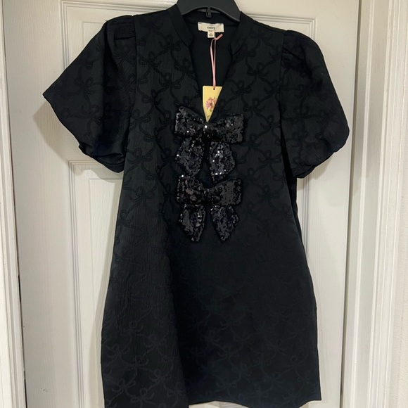 Sold NEW midnight glitz black puff sleeve bow pattern bow sequin jacquard dresss - Picture 4 of 11